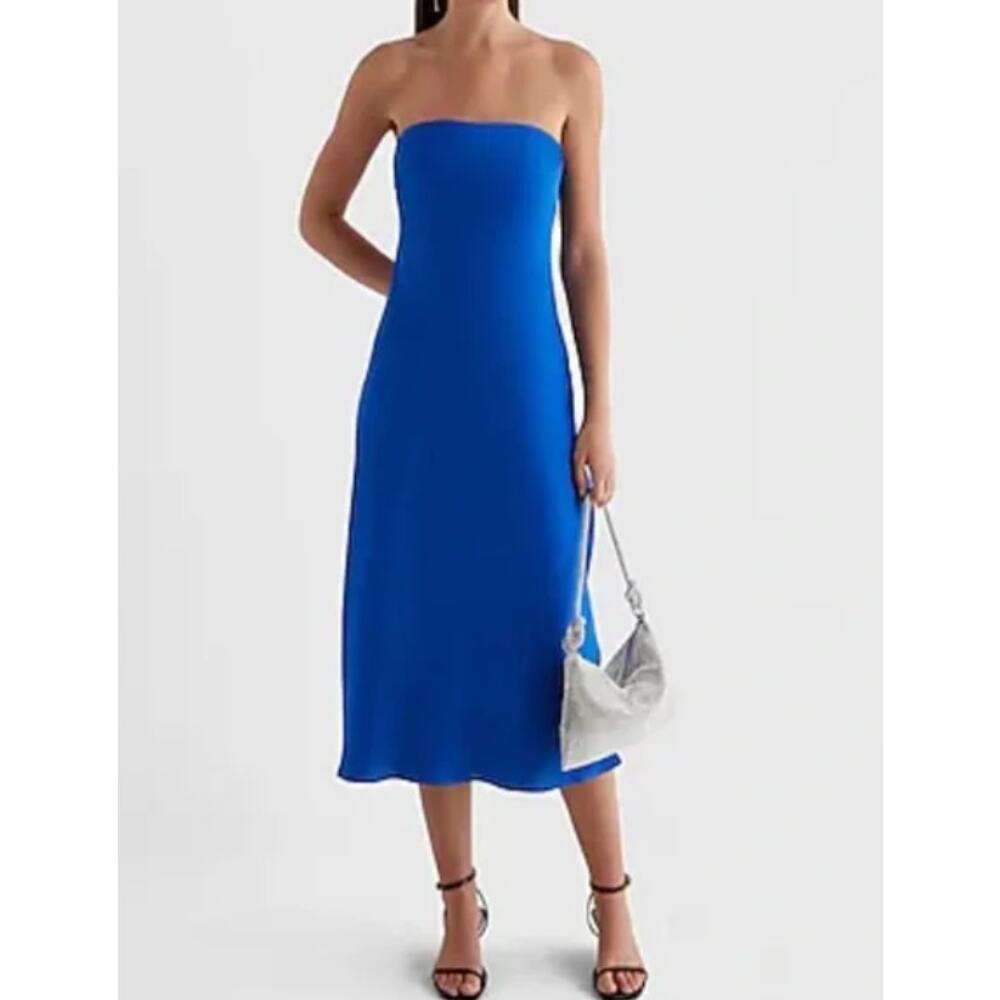 NEW EXPRESS Satin Strapless Midi Maxi Slip Dress Medium Cobalt Blue Minimalist - Picture 6 of 8